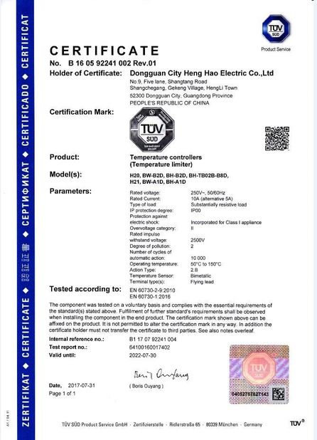 China Dongguan Heng Hao Electric Co., Ltd Certificaten